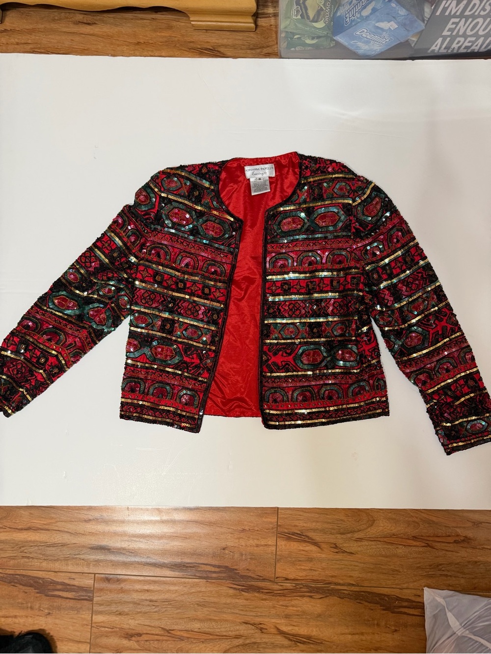 Vintage Adrianna Papell Evening 100% Silk Beaded Sequin Jacket Red Size S